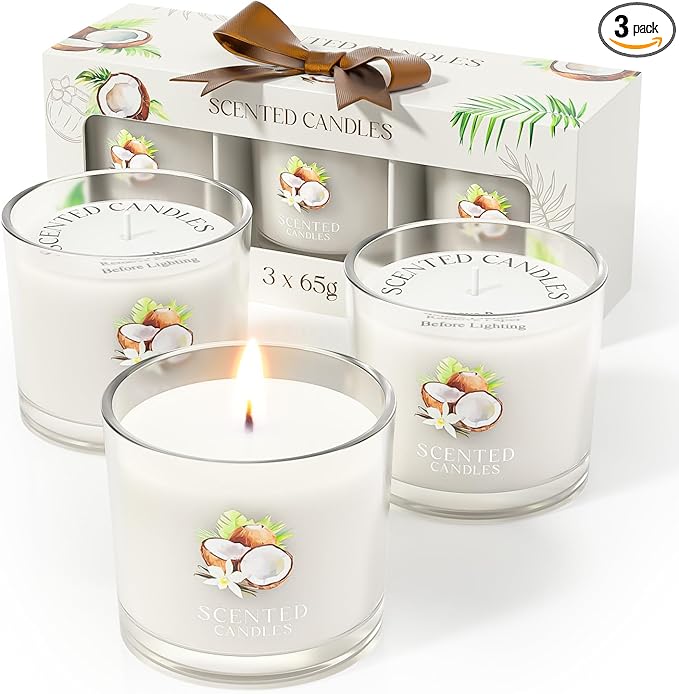 Coconut Candle, Scented Candles Gifts for Women, Candles Gift Set for Her, 3 Scented Votive Candles, Birthday Gifts for Women/Men (White, 7 oz) - Bloomnest
