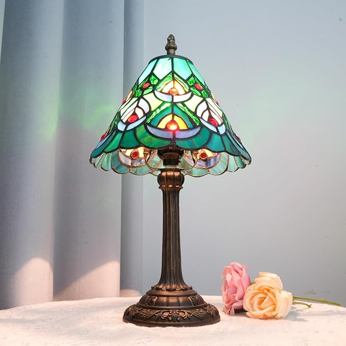 Green Peacock Decor Small Tiffany Style Table Lamp Antique Stained Glass Lamps Vintage Bedroom Bedside Reading Light Living Room Hotel Bar Kitchen Home Red Glass Bead Cute Accent Night Light 8 Inch - Bloomnest