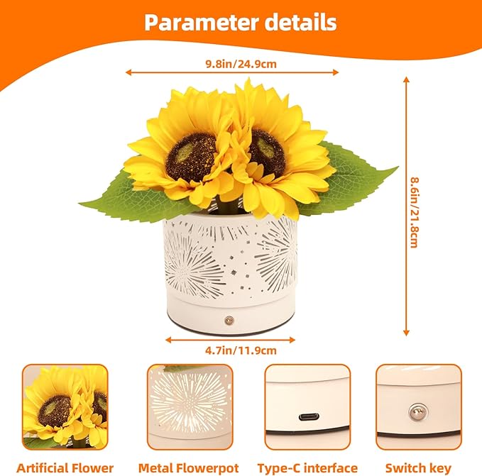 Birthday Gifts for Women,Sunflower Flower Touch Lamp,Rechargeable Cordless Lamp 3-Colour Dimming Night Light for Festival,Restaurant,Bedroom,Office Home Decor Gifts for Women Mom - Bloomnest
