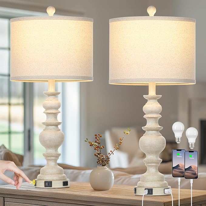 27.5" Farmhouse Table Lamps Set of 2, Rustic Living Room Lamps with USB C+A Ports & AC Outlet, Vintage Bedside Lamps with Linen Shade, Tradition Bedroom Lamps for Nightstand Side End Table Desk, Beige - Bloomnest