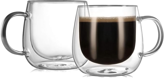 CNGLASS 12oz Double Walled Glass Coffee Mugs(2-pack),Clear Coffee Cups with Handle,Glass Espresso Mugs for Latte,Cappuccino,Tea - Bloomnest