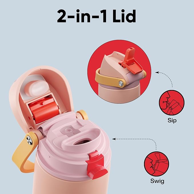 Insulated Water Bottle with Straw - Encool Stainless Steel Water Bottle with Push Button Lid, Leak-Proof & BPA-Free, Keeps Cold for 24 Hours for Sports, Travel, Gym (24 oz, Pink Daisy-Red) ENCOOL