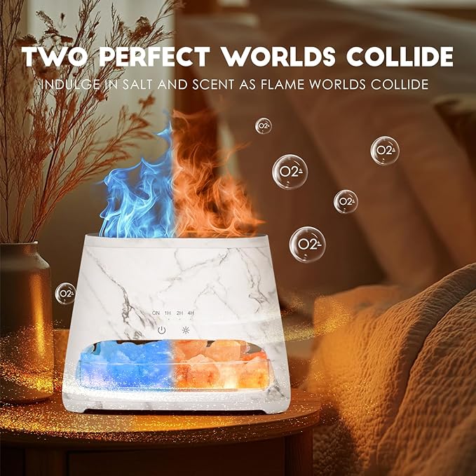 SALKING Colorful Flame Fire Diffuser Humidifier, Himalayan Salt Lamp, 7 Colors Changing Oil Diffuser, Ultra-Quiet Essential Oils Aromatherapy Diffusers for Large Room, Bedroom,150ml (Marble)