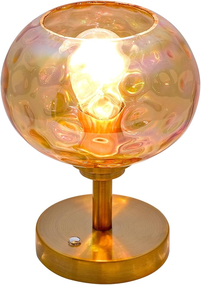 Touch Control Hammered Glass Table Lamp Brass Gold Portable Dimmable Brightness Small Nightstand Light 3-Way Stepless Dimming Bedside Bedroom Living Room (Colorful Amber Glass & Gold) - Bloomnest