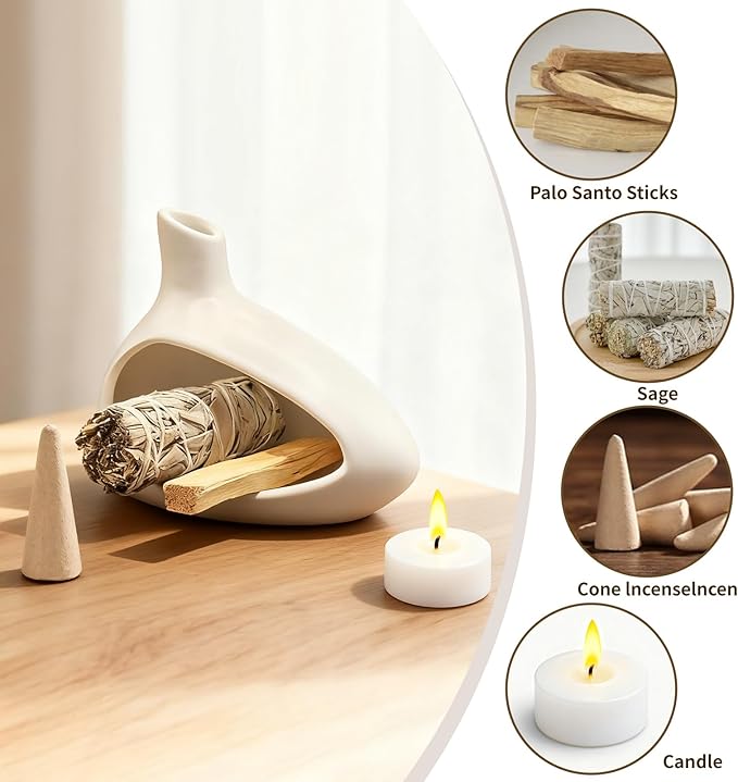 Palo Santo Holder, Ceramic Incense Burner for Sticks Sage Holders Cone Burning Smudge Bowl with Ash Brush for Meditation Yoga Spa Room Decor (White) - Bloomnest