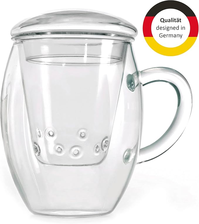 Creano Tea Glass with Infuser and Lid 400ml - Large Tea Cup - Microwave & Dishwasher Safe - Loose Leaf Tea Maker Gift Set - Bloomnest