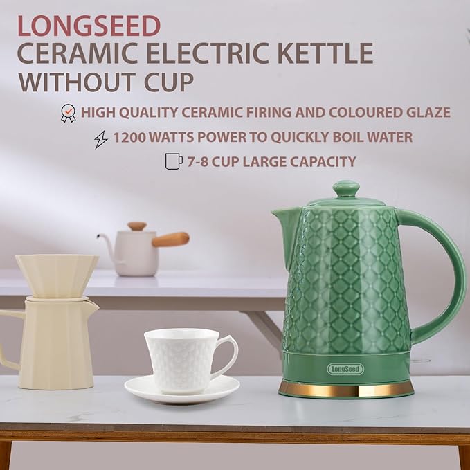 Ceramic Electric Kettle, 1.5L/1200W Boil Water Quickly and Easily with Boil-Dry Protection Auto Shut Off, Detachable Swivel Base, Green Relief Carving - Bloomnest