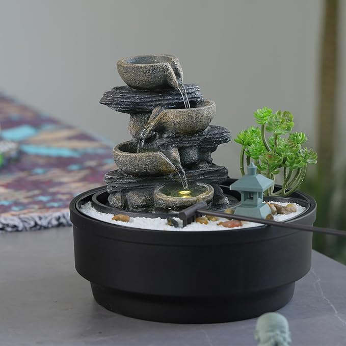 Indoor Tabletop Water Fountain with LED Lights & Pagoda, 4-Tier Rock Cascading Design, Artificial Flowers, White Stones and Rake, Zen Decor for Office/Living Room/Bedroom/Study (8.5" H)