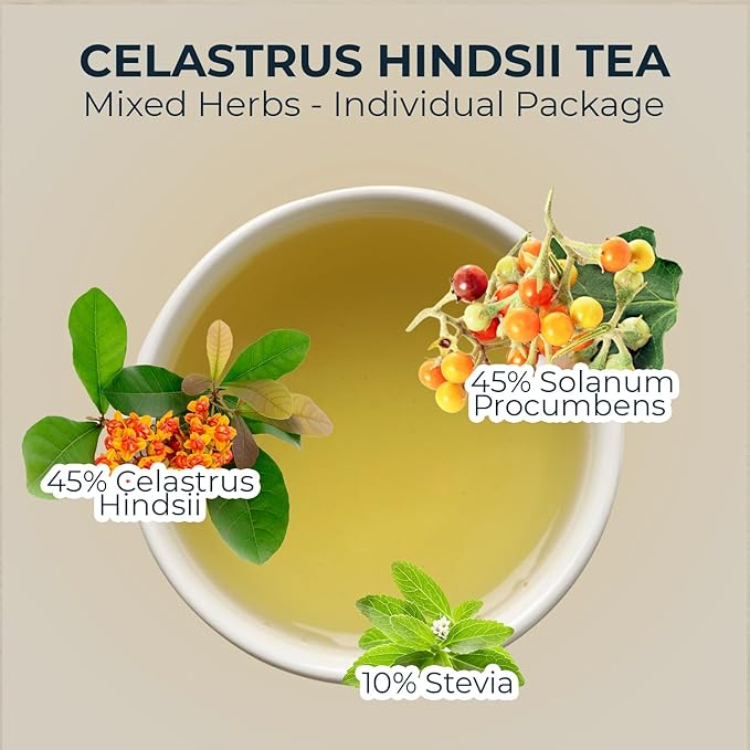 Natural Celastrus Hindsii Tea with Solanum Trilobatum & Stevia - 55 Count (+5 Tea Bags) - 4.59 oz, Bamboo Tong, Re-Steep Herbal Detox Tea Blend for Relax, Energy & Inner Health Support - Bloomnest