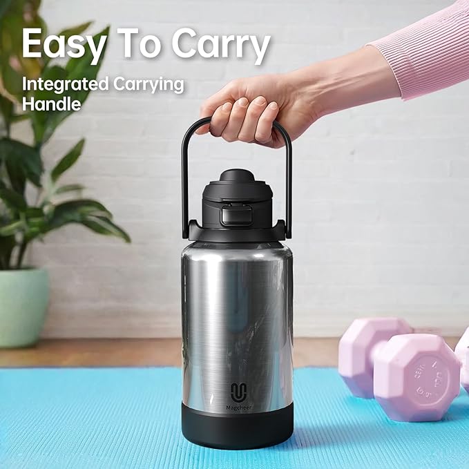 64oz Insulated Magnetic Water Bottle - Stainless Steel Vacuum Flask with MagSafe Compatible Phone Holder Keeps Drinks Cold for 24 Hours Water Jug for Gym and Outdoor Activities（Silver) Magcheer