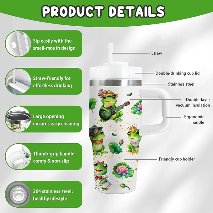 Frog Tumbler Gifts, 14 oz Frog Themed Tumbler with Handle and Straw, Stainless Steel Double Wall Vacuum Insulated Cup Keep Hot Cold - 14oz Travel Mug with Lid Tumblers for Home Work Outdoor Use - Bloomnest