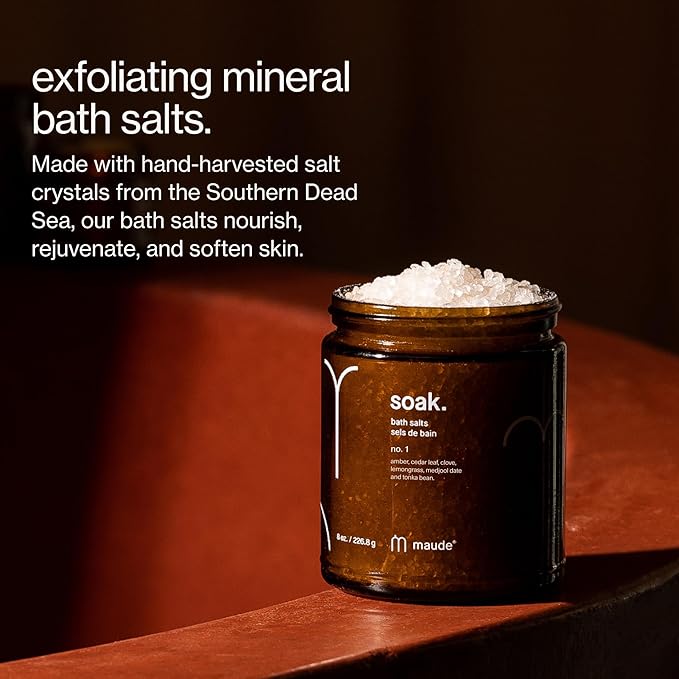 Maude Soak No. 1 - Nourishing Mineral Bath Salts - Hand-Harvested Dead Sea Salt with Magnesium & Potassium Chloride - Soften & Rejuvenate Skin - Notes of Amber, Cedar Leaf & Clove (8 oz) - Bloomnest