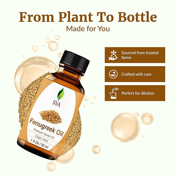 SVA Fenugreek Seed Oil - 1 Fl Oz – 100% Natural Cold Pressed Fenugreek Oil - for Face, Skin Care, Hair Care, Scalp Massage & Body Massage – Carrier Oil with Dropper - Bloomnest