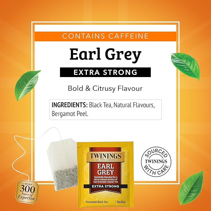 Twinings Earl Grey Extra Strong Black Tea Individually Wrapped Bags, 20 Count (Pack of 6), Flavoured with Citrus and Bergamot, Caffeinated, Enjoy Hot or Iced, 120 Teabags - Bloomnest
