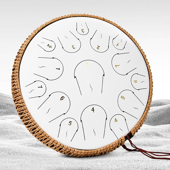 Steel Tongue Drum - 14 Inch 15 Note Tongue Drum - Hand Pan Drum with Music Book, Handpan Mallets and Carry Bag, C Major, White - Bloomnest
