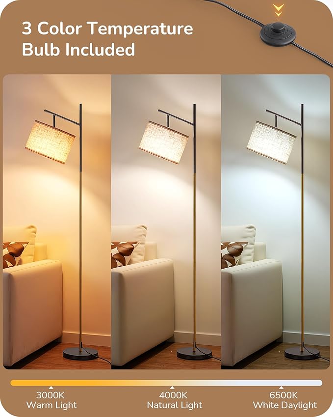 EDISHINE Modern Floor Lamps for Living Room, 64.7" Minimalist Standing Lamp with 3 Color Temperatures Bulb & Adjustable Linen Shade, Foot Pedal Switch, Arc Tall Lamp for Bedroom Office, Black Gold - Bloomnest