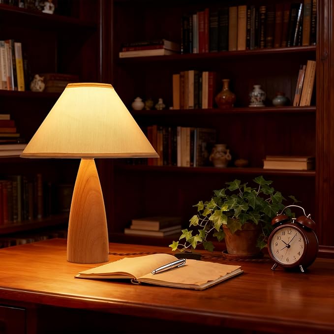 Bedside Table Lamp for Bedroom, Mid-Century Modern Plug in Fabric Shade & Solid Wood Base Desk Lamp, Plug & Play Natural Wood Nightstand Lamp for Living Room, Office, Switch Power Cord 【Bulb Included】 - Bloomnest