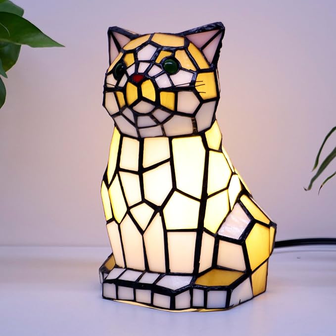 Tiffany Cat Lamp Yellow and White Stained Glass Animal Table Lamp Accent Lamp - Bloomnest