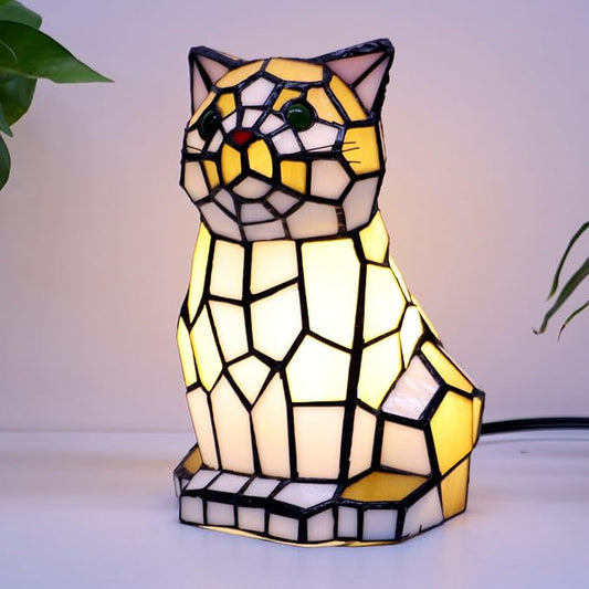 Tiffany Cat Lamp Yellow and White Stained Glass Animal Table Lamp Accent Lamp - Bloomnest