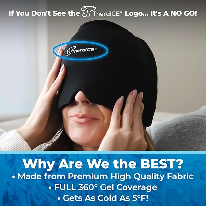 TheraICE Migraine Relief Cap PRO, Headache Relief Cap, Ice Face Mask, Cold Compress Head Wrap for Tension Headache Relief, Stress & Hangover, FocusZone Technology Provides Extra Cooling & Pressure - Bloomnest