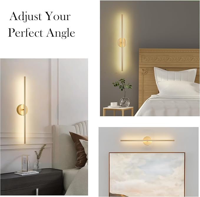 Battery Operated Wall Sconces Set of Two, with Remote Control, Dimmable, Warm White/Natural White/Daylight/RGB, 350°Rotate, LED Gold Wireless Wall Light for Living Room, Bedroom, 28.3 Inch - Bloomnest