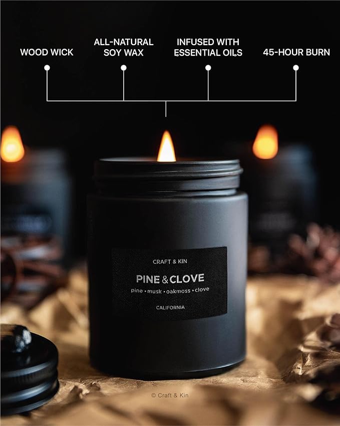 Craft & Kin Premium Pine & Clove Candle | Black Christmas Scented Candles for Home | Christmas Tree Candle | Long Lasting with 45 Hour Burn Time, 7.6oz | Soy Holiday Candles | Aromatherapy at Home - Bloomnest