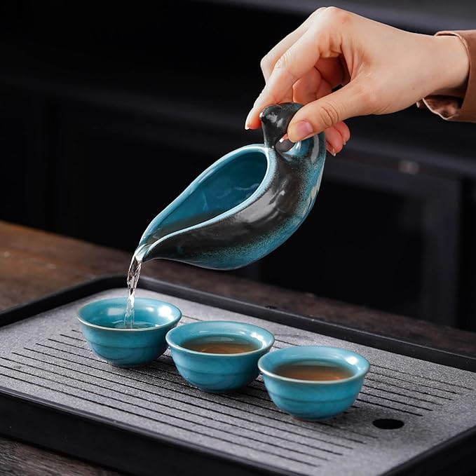 Semi Automatic Tea Set Ceramic Teapot with Infuser Magic Teapot with 8 cups (Light Blue Dragon-D) - Bloomnest