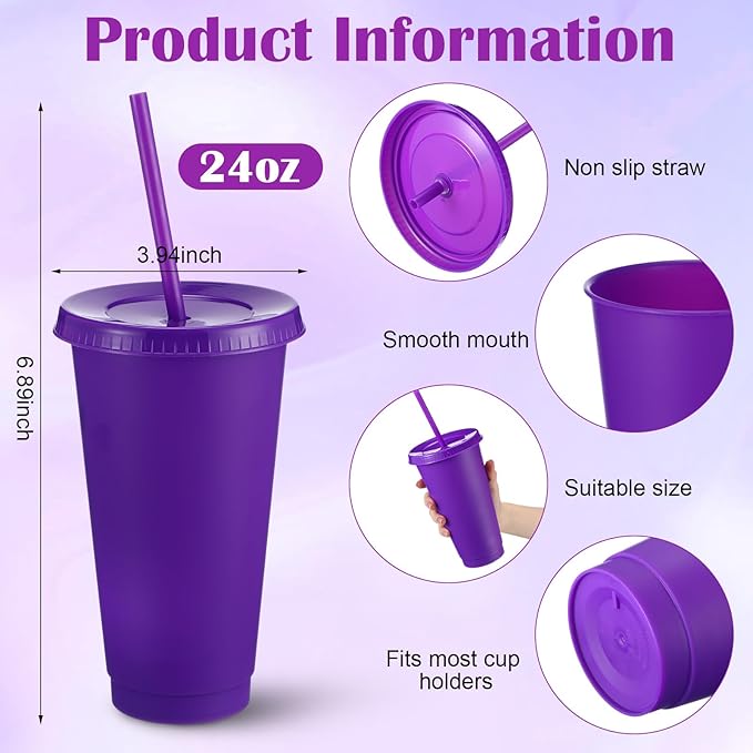 Honeydak 60 Pack Tumbler with Straw and Lid Bulk Water Bottle Iced Coffee Travel Mug Cup Reusable Plastic Cups for Party Birthdays 24-27 oz (Purple Color) - Bloomnest