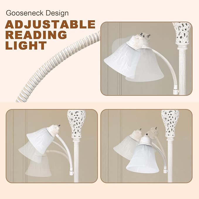 Torchiere Floor Lamp with Adjustable Reading Light, 72" Tall Vintage Lamp with White Glass Shade, Farmhouse Standing Lamp, Rustic LED Floor Lamp for Living Room Bedroom Office Corner, Bulbs Included - Bloomnest