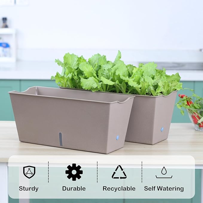 Window Box Planter 6 Pcs, 16.5 Inches Self Watering Rectangle Flower Plant Pots with Drainage Holes Trays, Vegetable Planters for Windowsill Patio Garden Balcony Porch Yard (Khaki) - Bloomnest