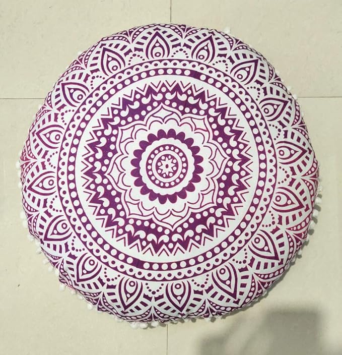 INDIAN CRAFT CASTLE 24" Pink Ombre Mandala Barmeri Large Floor Pillow Cover Cushion Meditation Seating Ottoman Throw Cover Hippie Decorative Zipped Bohemian Pouf Ottoman Pom Pom Cases 24" Round - Bloomnest