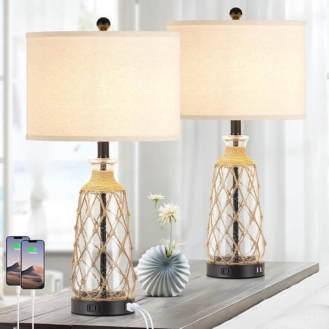 25.5" Coastal Glass Table Lamps Set of 2, 3-Way Dimmable Touch Control Bedside Lamps with 2 USB Ports and AC Outlet, Clear Nautical Nightstand Lamp for Bedroom Living Room (LED Bulbs Included) - Bloomnest