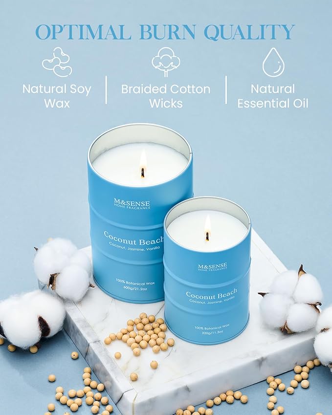 M&SENSE Coconut Beach Scented Candles Beach Soy Candle, Summer Candle for Stress Relief Meditation Relaxing, Housewarming Gifts for Women Men, 11.3oz 70 Hour Long Burning - Bloomnest