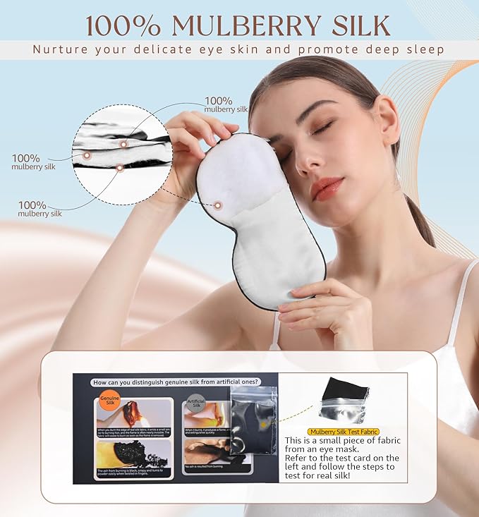 HiRui Silk Sleep Mask, 100% Natural Mulberry Silk of Double-Sided & Inner-Filling, Ultra-Smooth Soft, Adjustable Strap, Blocks Light for Night Sleeping, Travel, Office Naps (Gray) - Bloomnest