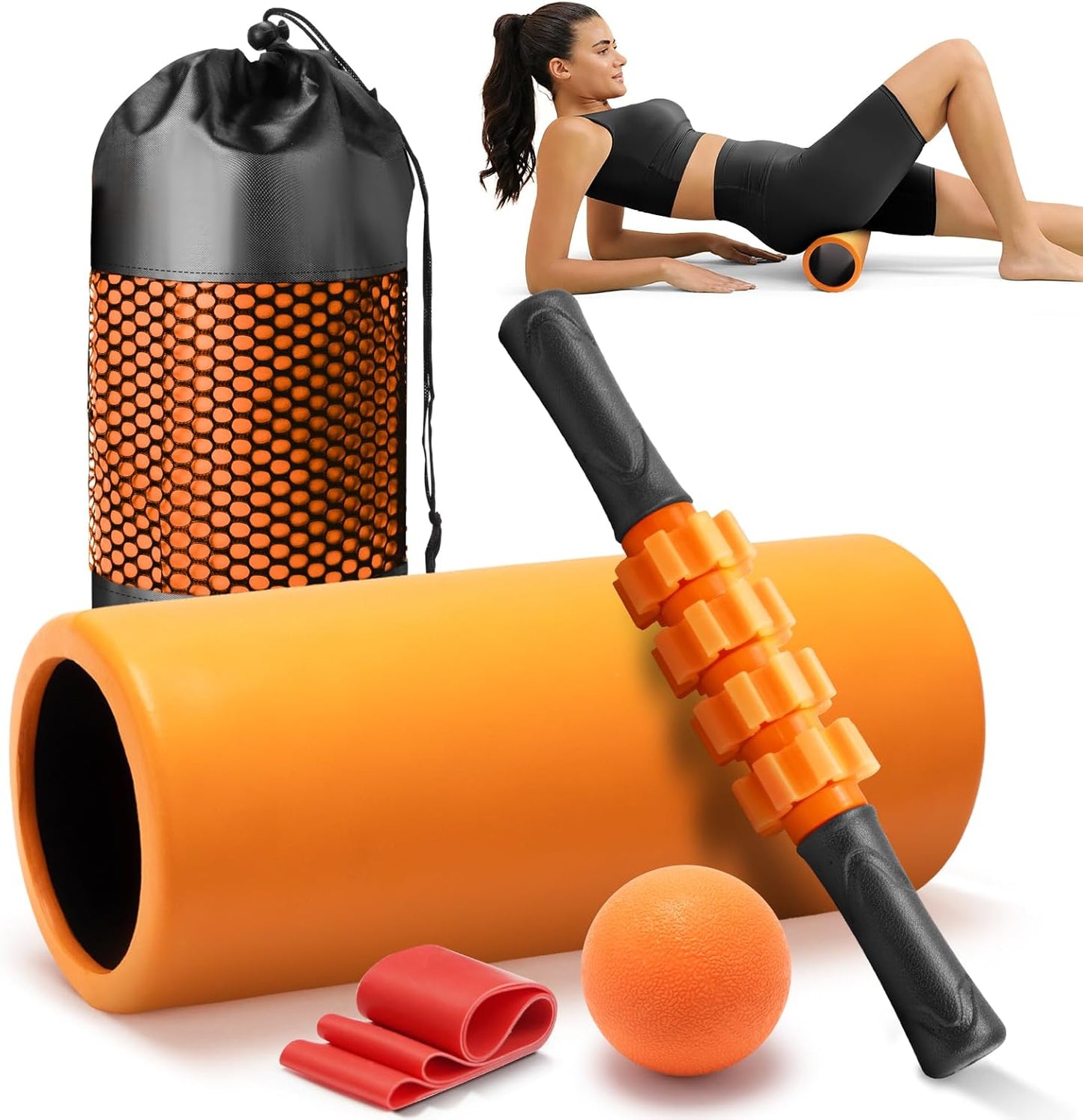 5 in 1 Foam Roller Set - Trigger Point Foam Back Roller, Muscle Roller Stick, Massage Ball, Stretching Band for Deep Muscle Massage Pilates Yoga,Fitness Exercise for Whole Body Release (Pure Orange)