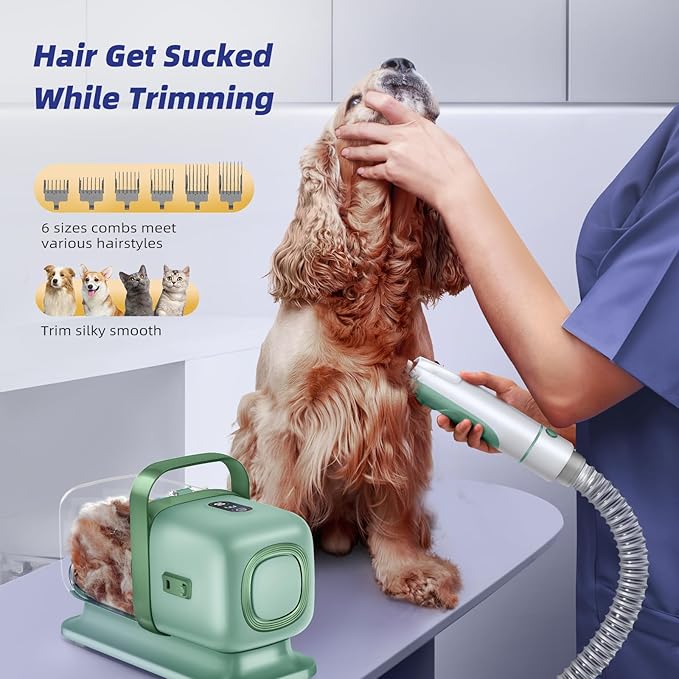 Dog Grooming Kit with Vacuum, All-in-One Pet Grooming Vacuum for Dogs and Cats, Low Noise Pet Hair Clipper & Shedding Brush, Dog Hair Remover, Cat Pet Groomer Set with Cleaning Brushes, Green - Bloomnest