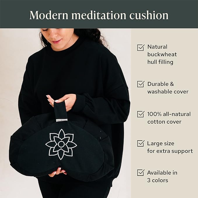 Mindful & Modern Large Meditation Cushion | Zafu Yoga Bolster Meditation Floor Pillow Seat | Buckwheat Hull Filled Crescent Shaped Cushion with Removable Washable Cover + Carry Handle - Bloomnest