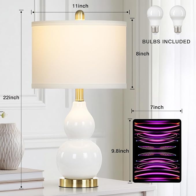 22" Modern Double Gourd Ceramic Table Lamps Set of 2, White Bedside Lamps for Living Room, Contemporary Nightstand Desk Lamps for Bedroom End Table Home Office Decor(2 LED Bulbs Included) - Bloomnest