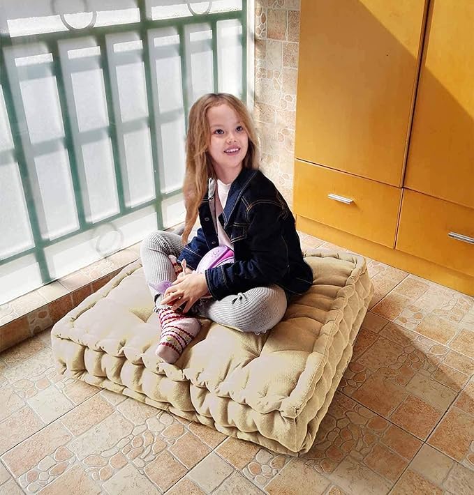 Verpert Floor Pillow 25x25 Inch,Square Meditation Cushion Floor Seating for Adults,Oversized Tufted seat Cushion Reading Nook for Kids, Yoga Meditation Pillow for Sitting on Floor, (Beige)