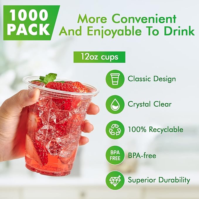 Lilymicky 1000 Pack 12 oz Clear Plastic Cups, PET Disposable Drinking Cups, Crystal Clear, Perfect for Ice Coffee, Smoothie, Soda, or Any Cold Drinks - Bloomnest