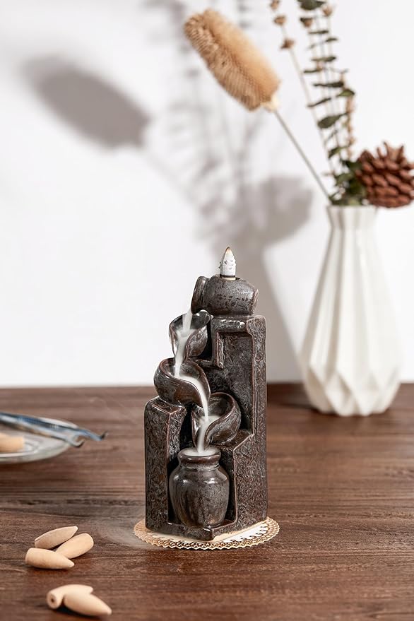 Unique Cascading Basins Ceramic Waterfall Incense Holder, Paired with a Pack of Backflow Incense Cones. (Metallic) - Bloomnest