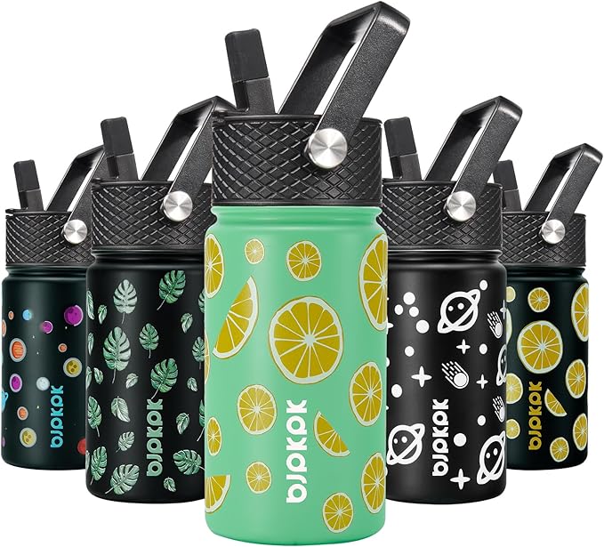 BJPKPK Water Bottle with Straw Lid, 15 oz Insulated Water Bottle, Stainless Steel Metal Water Bottles, Reusable Leak Proof BPA Free Thermo, Flask, Cups, Elegant Lemon - Bloomnest