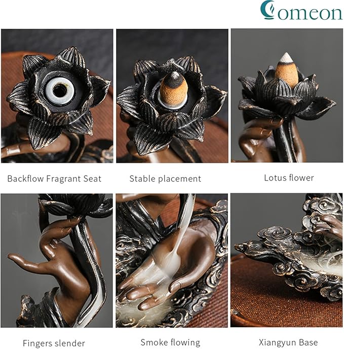 Comeon Backflow Incense Burner Handmade Resin Waterfall Incense Holder Ruyi Zen Hand Incense Waterfall Burner Home Decor + 20 Backflow Incense Cones 30 Incense Sticks 1 Tweezer 1 Mat - Bloomnest