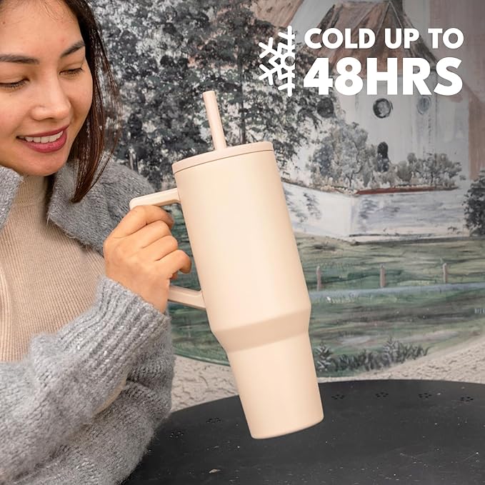 Elemental 40 oz Tumbler with Handle and Straw - Spill Proof Insulated Stainless Steel Commuter for Hot and Cold Beverages - Travel Coffee Mug with 2 Straws & Spill Proof Lid - 40oz - Beige - Bloomnest