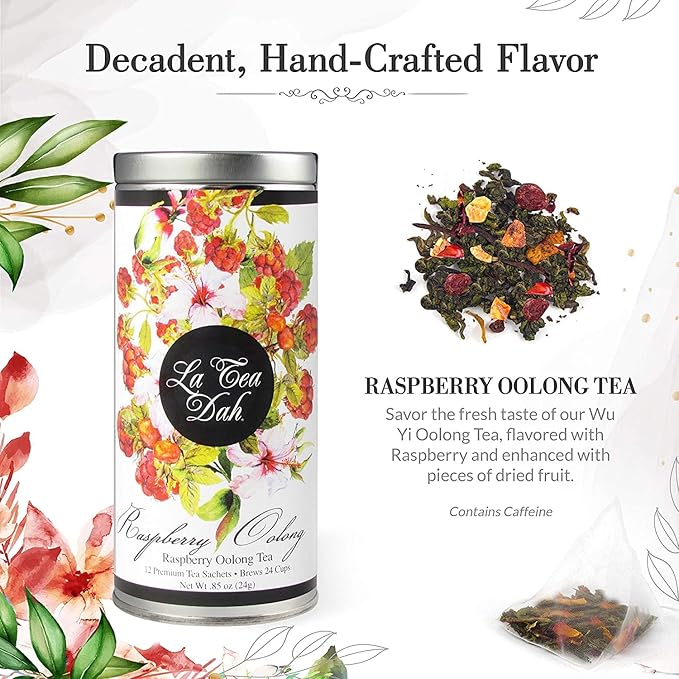 Raspberry Oolong Tea by La Tea Dah, Premium Raspberry Tea Bags Made with Oolong Tea Leaves, Apple Bits, Cranberry Bits, Hibiscus, & Natural Raspberry Flavor, Fruity Tea (12 Sachets)