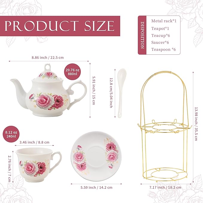 20-Pieces Porcelain Tea Sets For Women, Tea Set For Adult with Golden Metal Rack,Tea Gift Sets for Home&Party(014) - Bloomnest