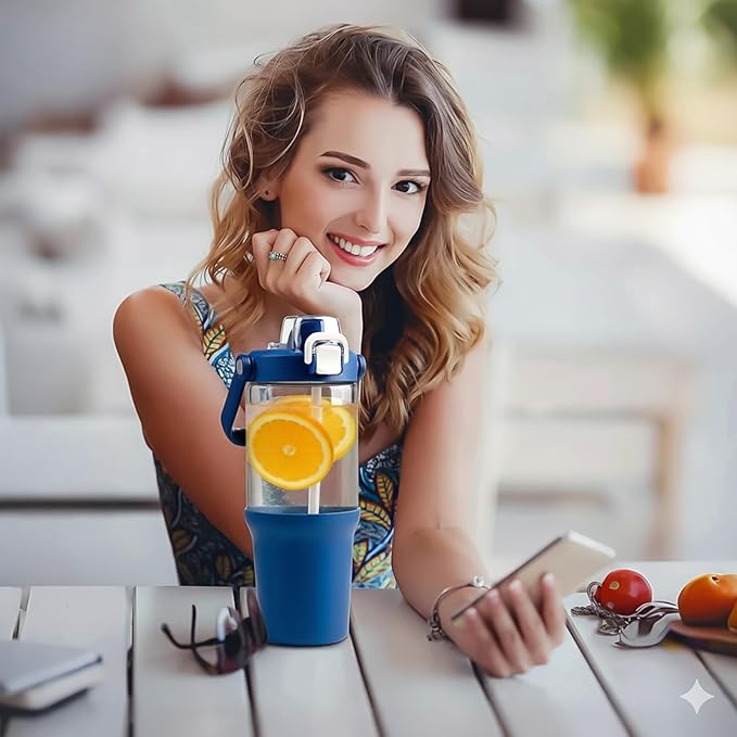 Glass Tumbler with Carry Handle, Clear Glass Water Bottle with Leakproof Lid, Spout Lid&Straw, BPA-Free, 32 oz, DBlue - Bloomnest