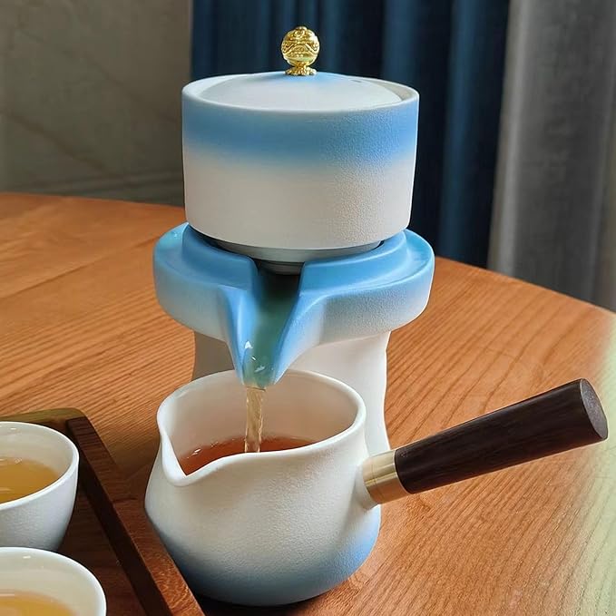 Chinese Kung Fu Tea Set, Automatic Stone Grinding Pot, Gift Box Suitable for Tea Ceremony Parties, Gifts, Home, Office Decoration in Mother's Day(Gradient Blue)