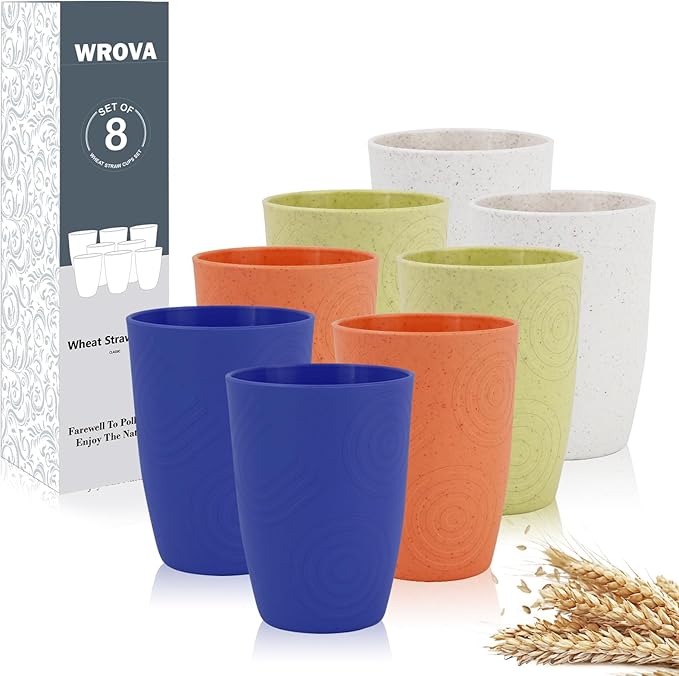 Wrova Wheat Straw Cups 8PCS,12oz Unreabkable Drinking Cups Freezer,Dishwasher and Microwave Safe,Sturdy Plastic Cups Reusable suitable for Kitchen,Camping,Picnic,White-Yellow-Orange-Blue - Bloomnest