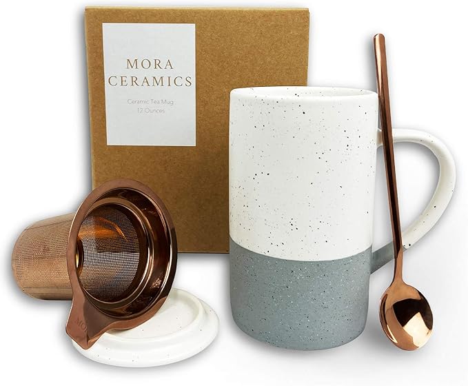 Mora Ceramics Tea Cup with Loose Leaf Infuser, Spoon and Lid, 12 oz, Microwave and Dishwasher Safe Coffee Mug - Rustic Matte Ceramic Glaze, Modern Herbal Tea Strainer - Great Gift for Women, Flint - Bloomnest